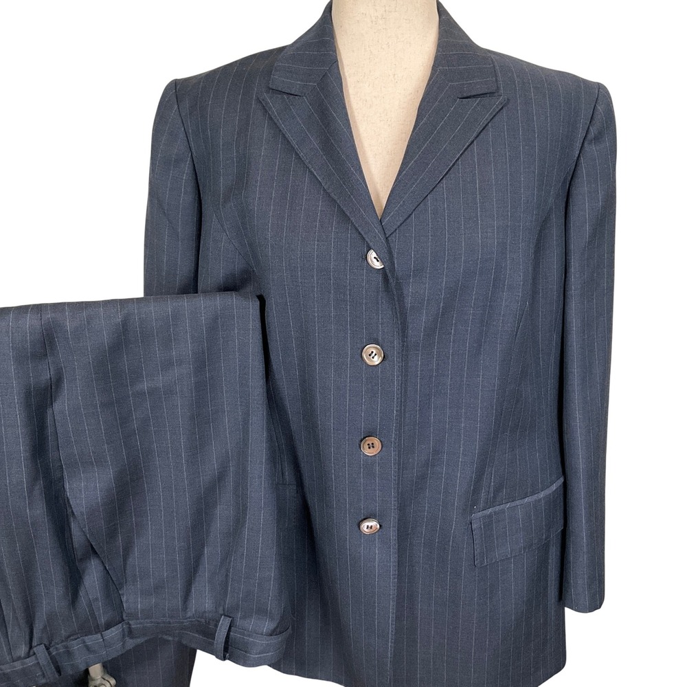 Talora Pant Suit Womens 16W Slate Blue Gray Pinstripe Corporate 2pc Italy Wool
